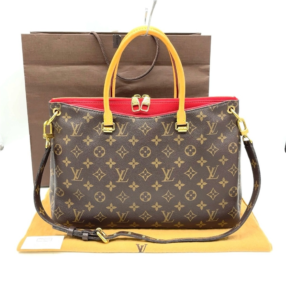 LOUIS VUITTON PALLAS MONOGRAM CANVAS CERISE SHOULDER HAND BAG BROWN RED